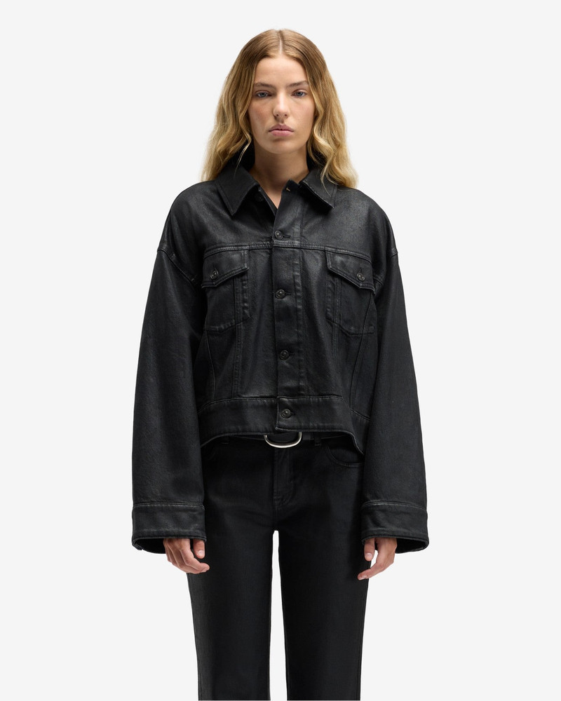 7 For All Mankind Oli Cropped Trucker Jacket in Coated Blackcat outlook