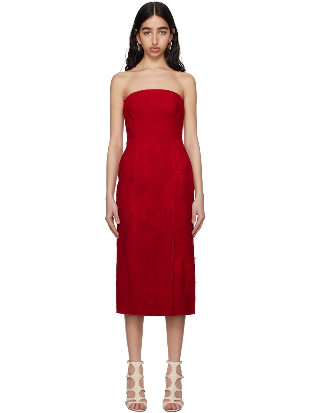 Red Strapless Suede Midi Dress - 1
