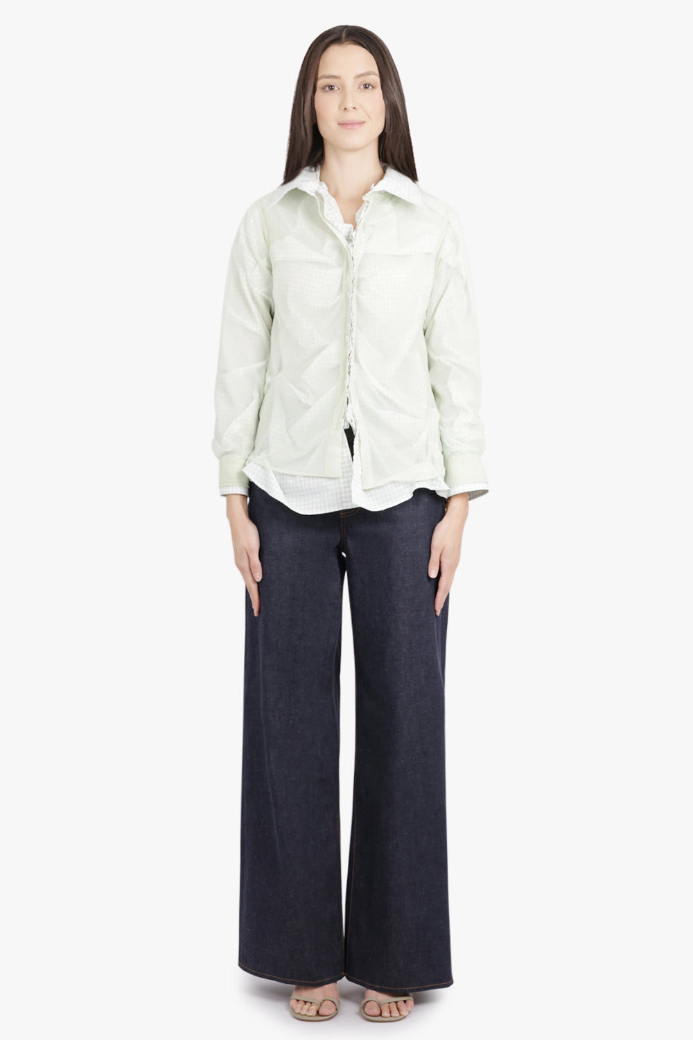 LAYERED L/S SHIRT WITH CHECK RUCHING DETAIL | GREEN/WHITE - 4