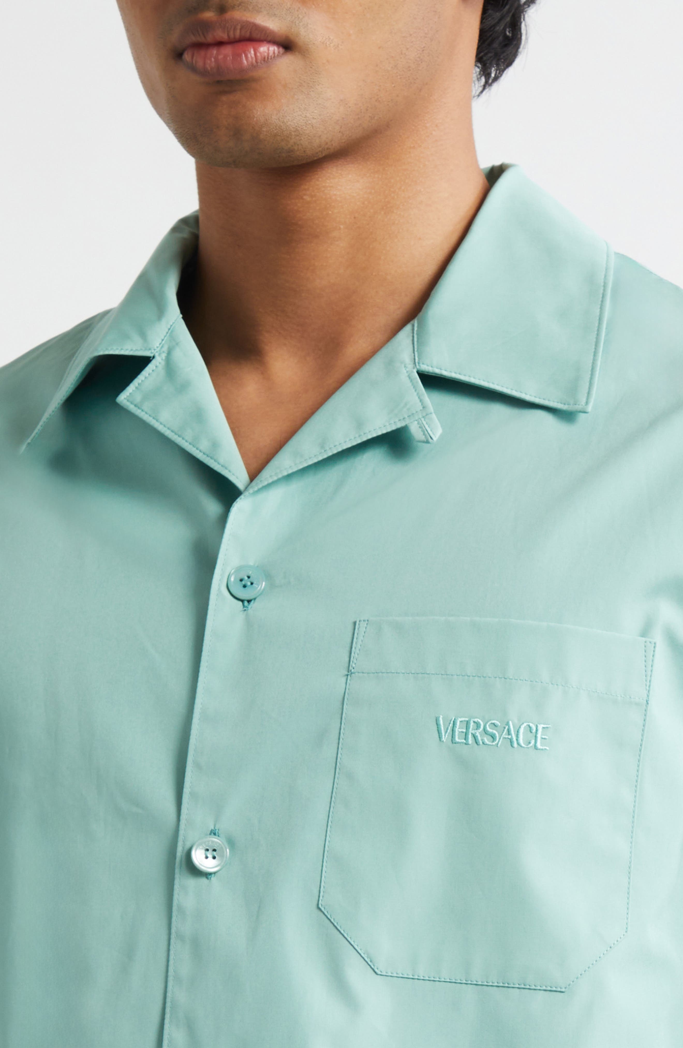 Versace Coral Theater Cotton Poplin & Silk Camp Shirt in Sea Green Dark Sea Green at Nordstrom - 5