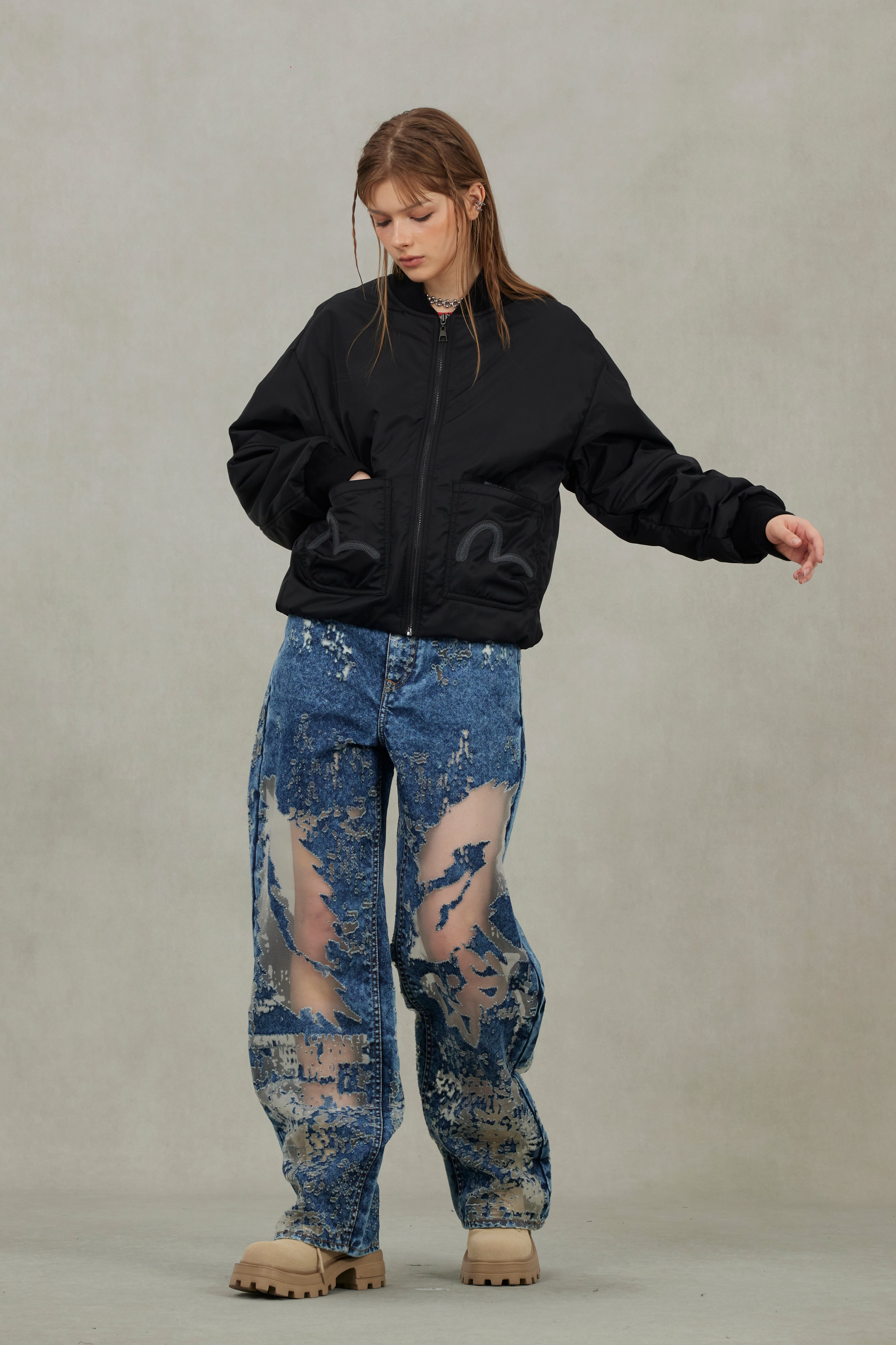 Fuzzy Cat Appliqué and Logo Embroidery Drop-Shoulder Bomber Jacket - 5