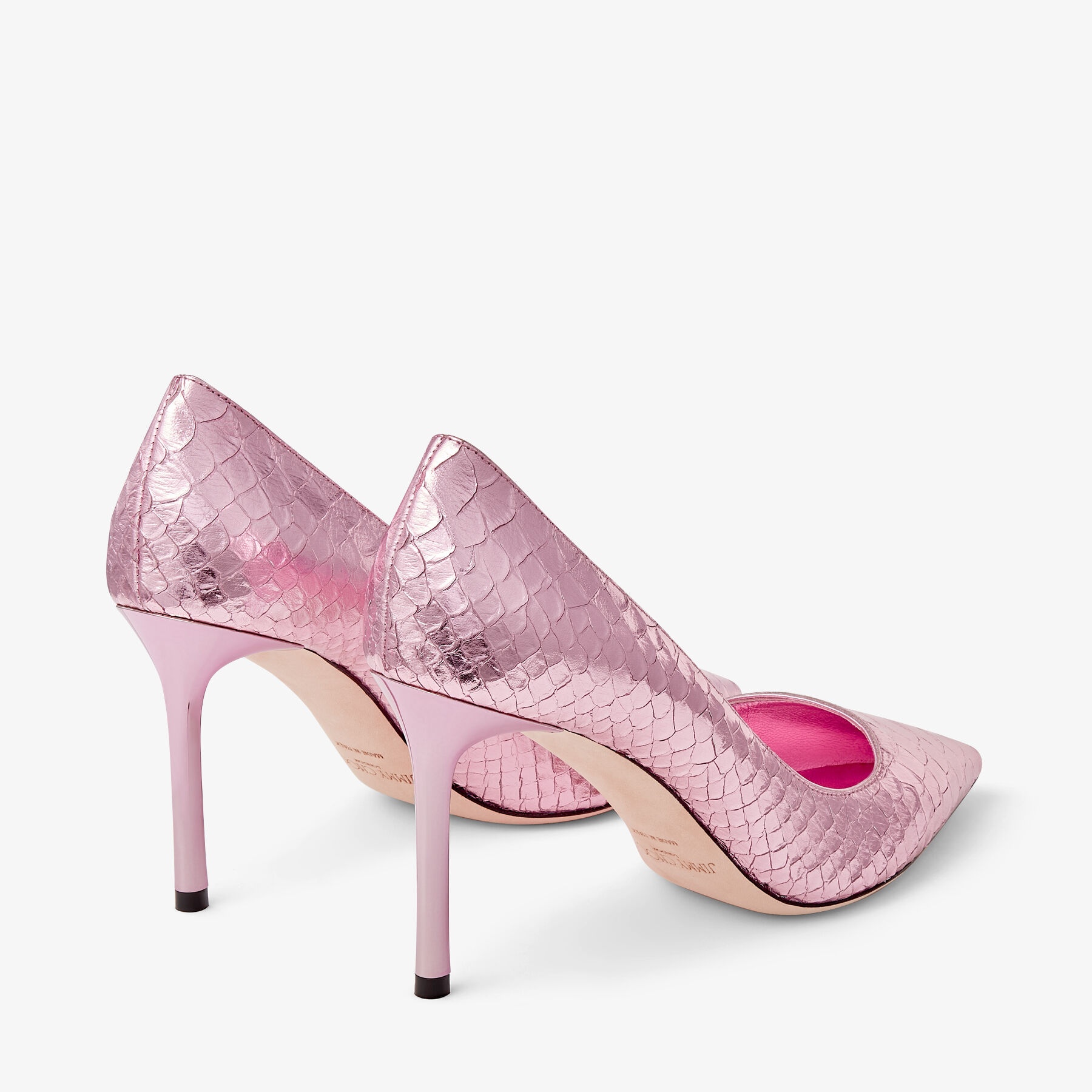 Romy 85
Candy Pink Metallic Snake Printed Leather Pumps - 5