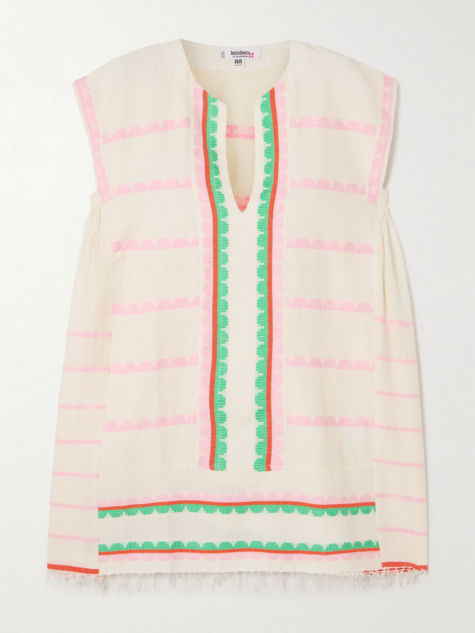 Elina fringed striped cotton kaftan Beige - 1