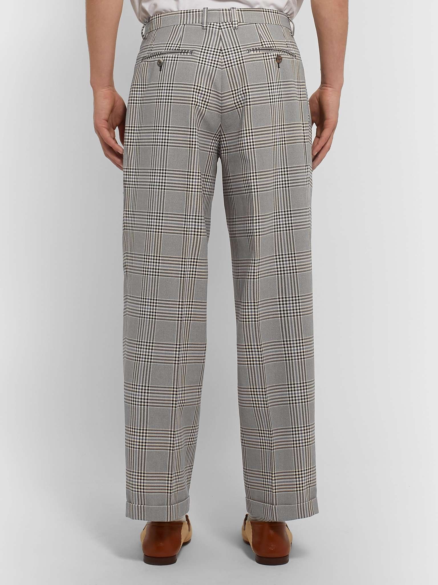 Grey Pleated Prince of Wales Checked Cotton Trousers - 11