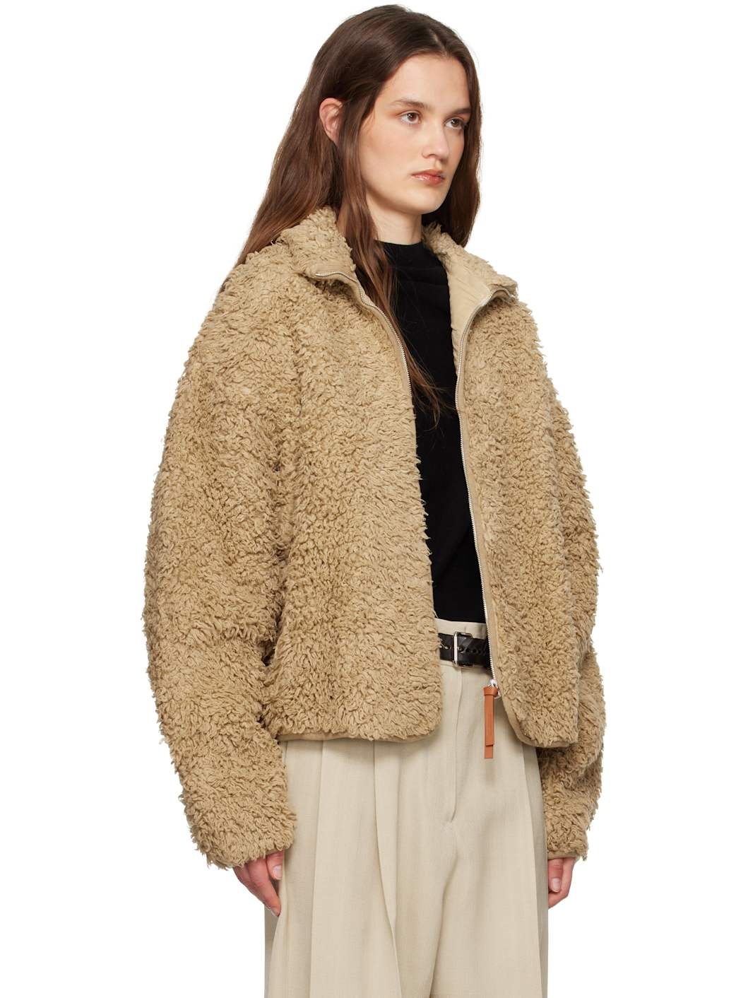 Beige Cotton Fleece Zip-Up Jacket - 2
