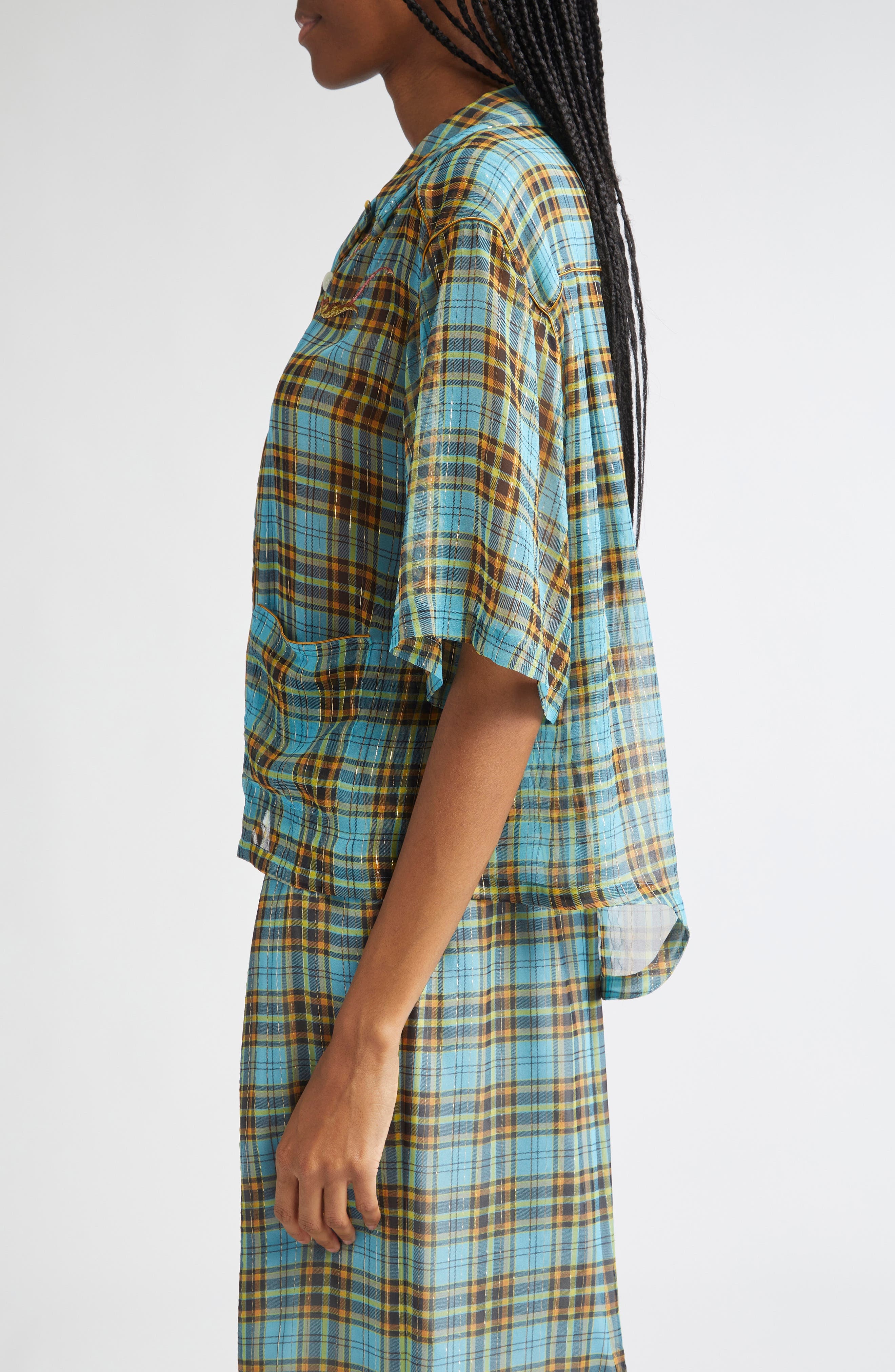 Undercover Metallic Stripe Plaid Silk Blend Camp Shirt in Blue Check at Nordstrom - 4