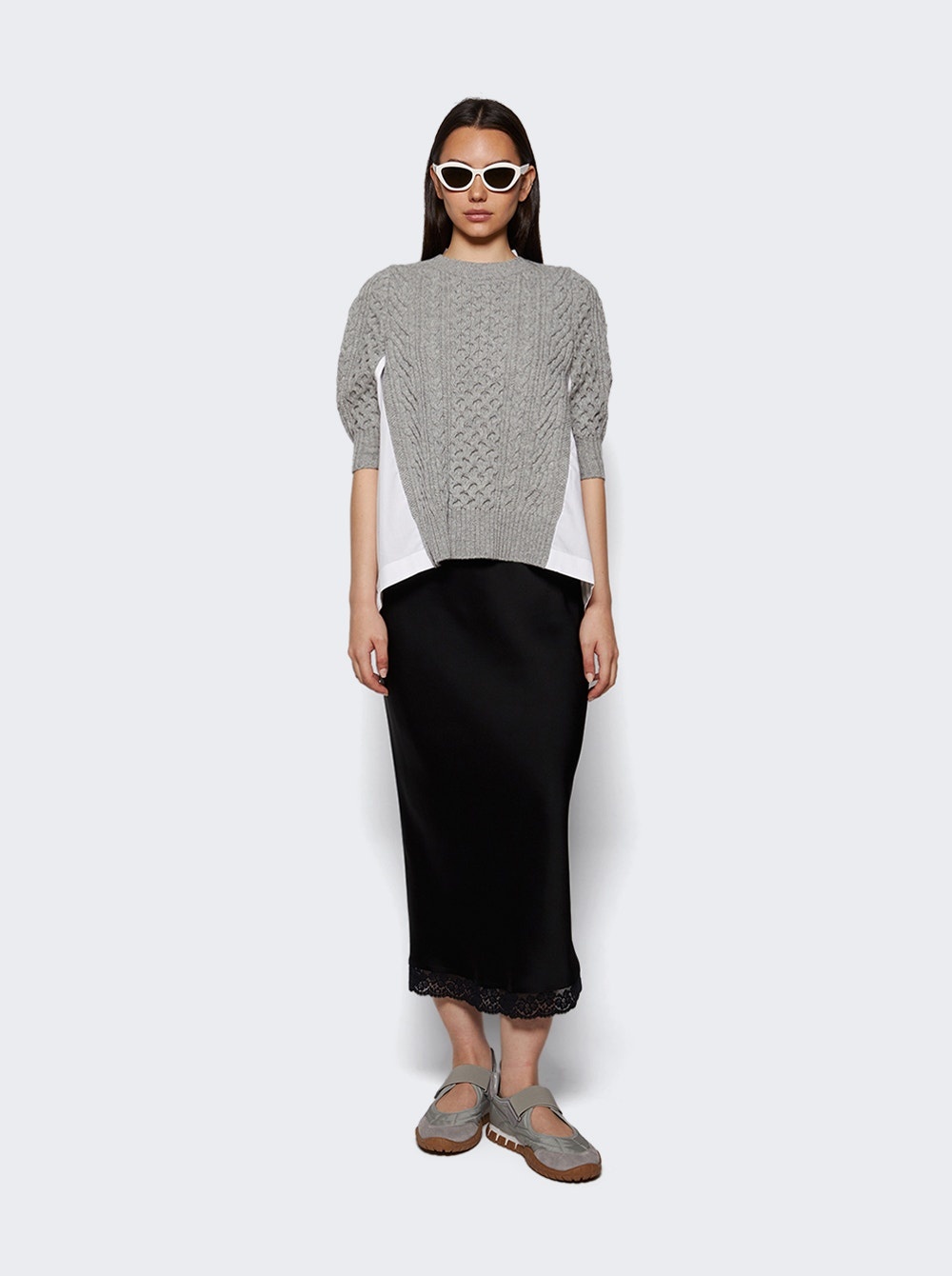 Wool Knit X Cotton Poplin Pullover Light Grey And Off White - 5