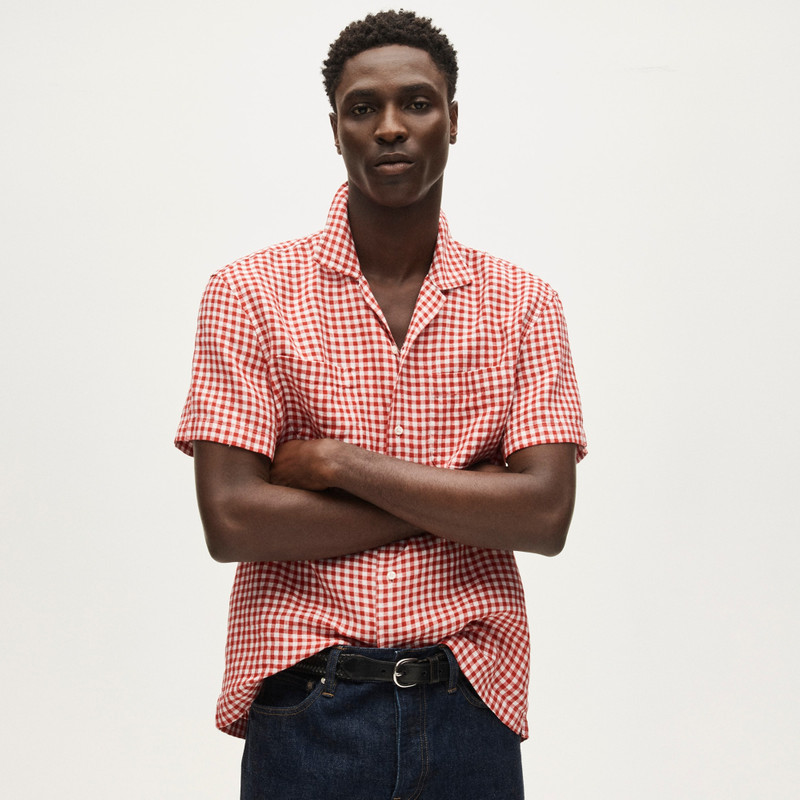 Short-sleeve linen camp-collar shirt in gingham 6