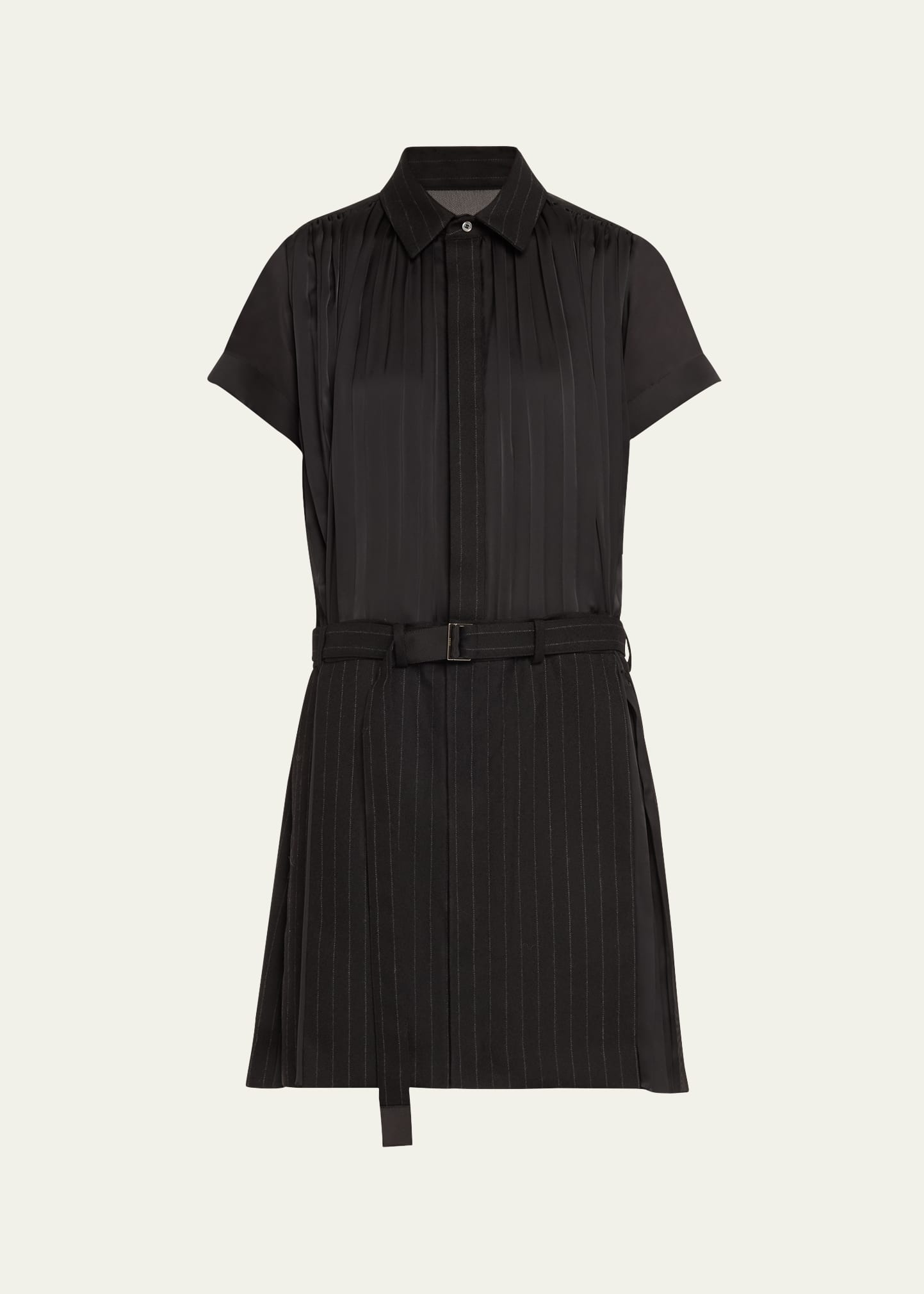 Short Belted Wool Pleated Shirt Dress - 1