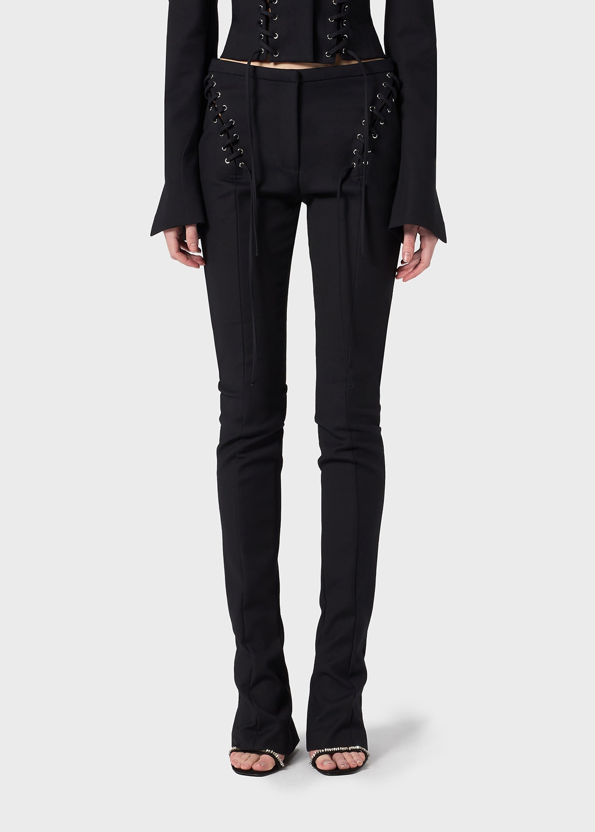 STRETCH COTTON PANTS WITH EYELETS AND STRAPS - 3