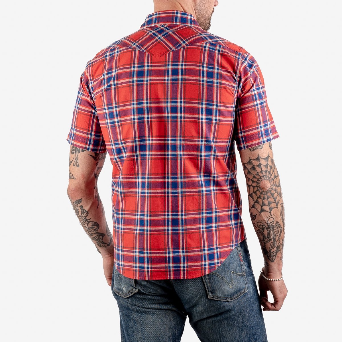 IHSH-359-RED 5oz Selvedge Madras Check Short Sleeved Western Shirt - Red - 3