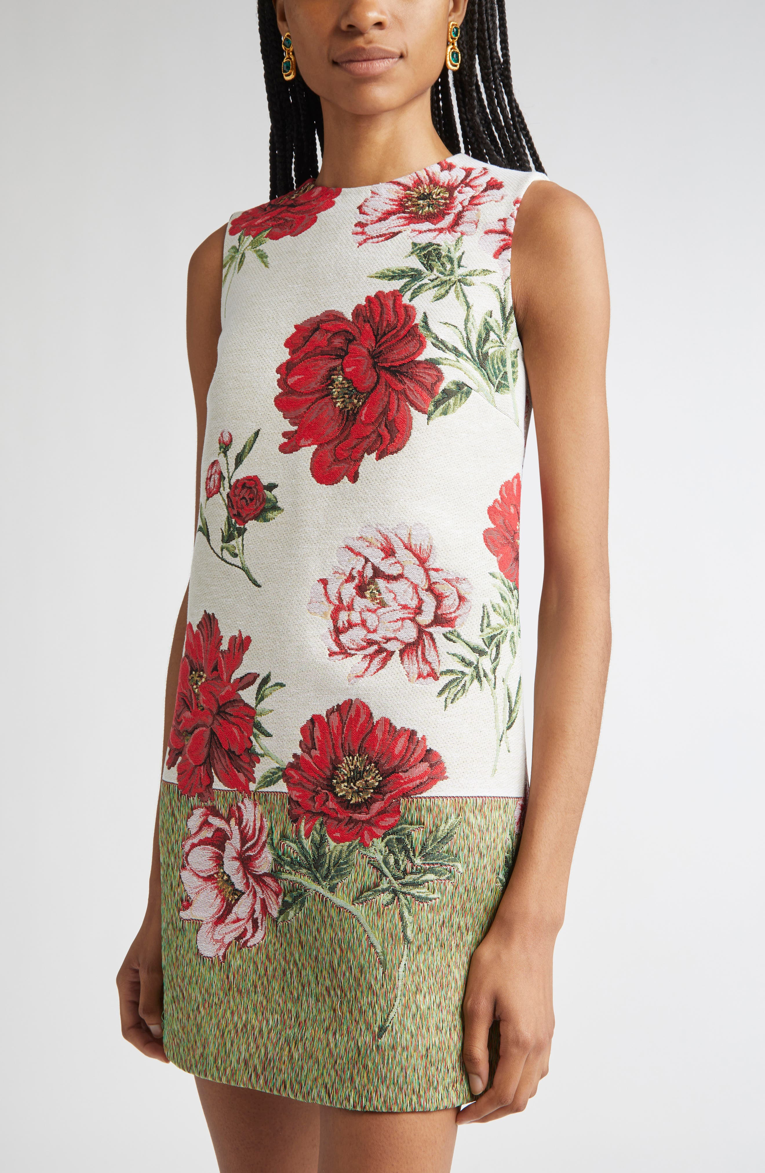Oscar de la Renta Peony Jacquard Shift Dress in Ecru Multi at Nordstrom - 4