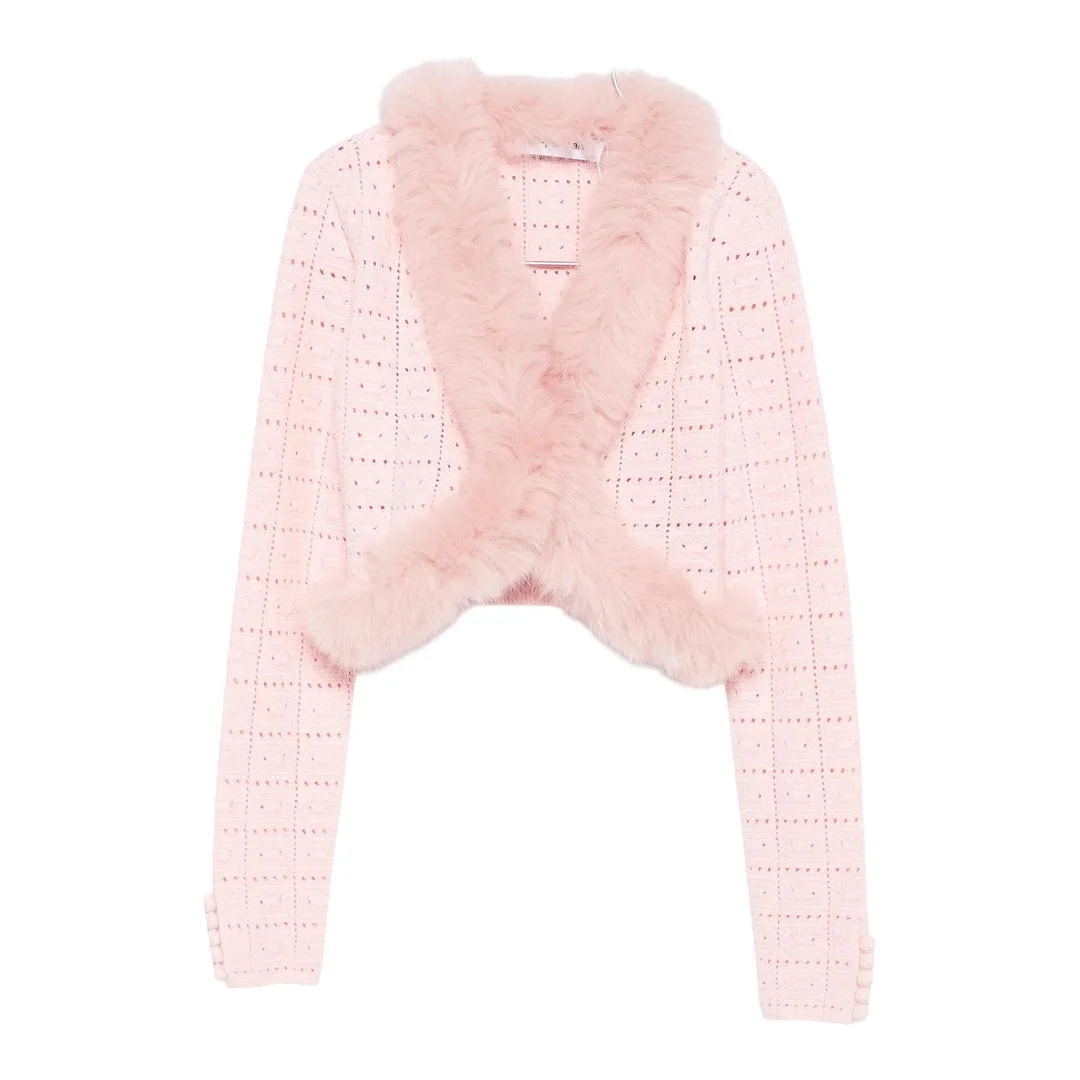 Pink Fur Collar Cardigan - 1