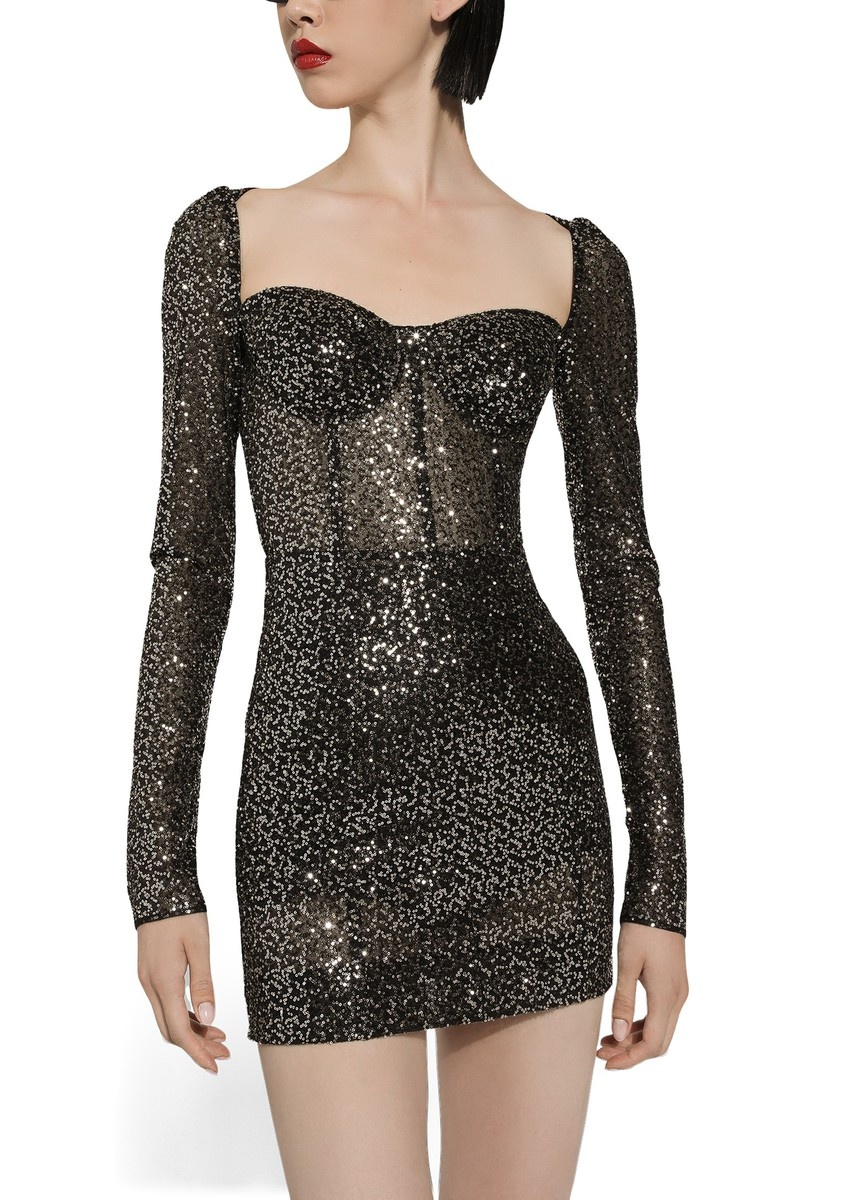 Long-sleeved sequined corset dress - 2