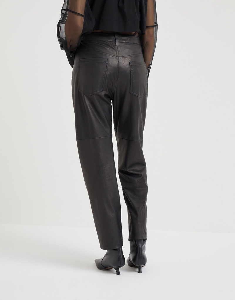 Brunello Cucinelli Natural leather straight five-pocket trousers with shiny tab outlook