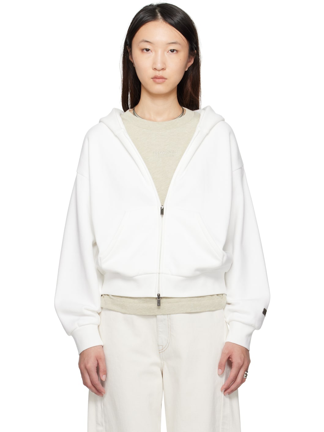 White Classic Fit Zip-Up Hoodie - 1