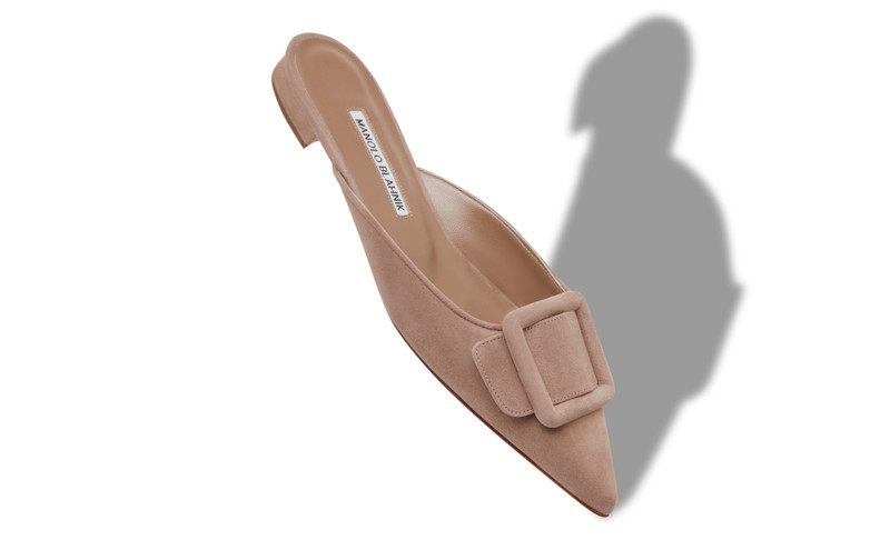 Manolo Blahnik Nude Suede Buckle Detail Flat Mules outlook