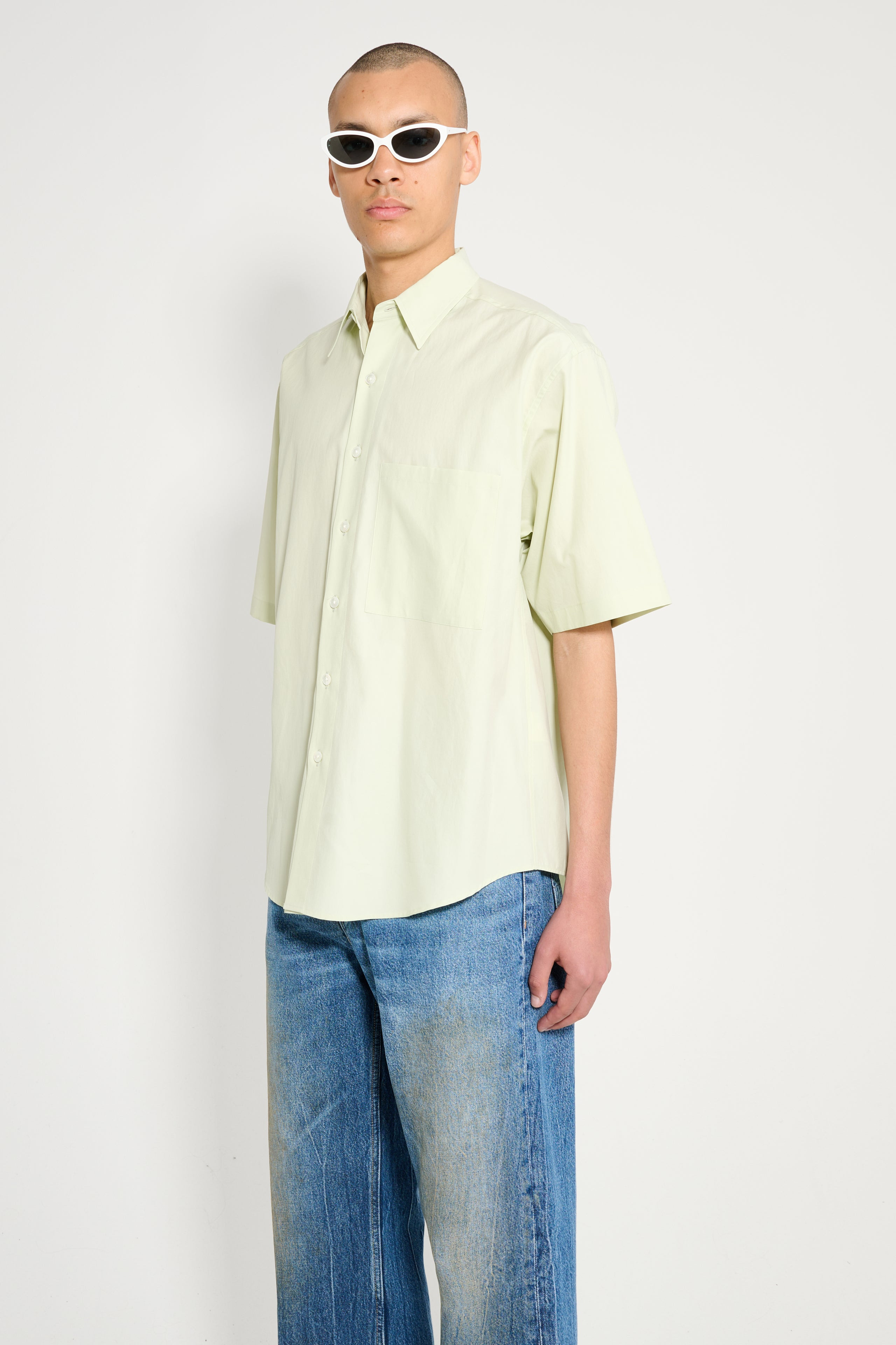 AURALEE WASHED FINX TWILL BIG HALF SLEEVED SHIRT LIGHT GREEN - 2