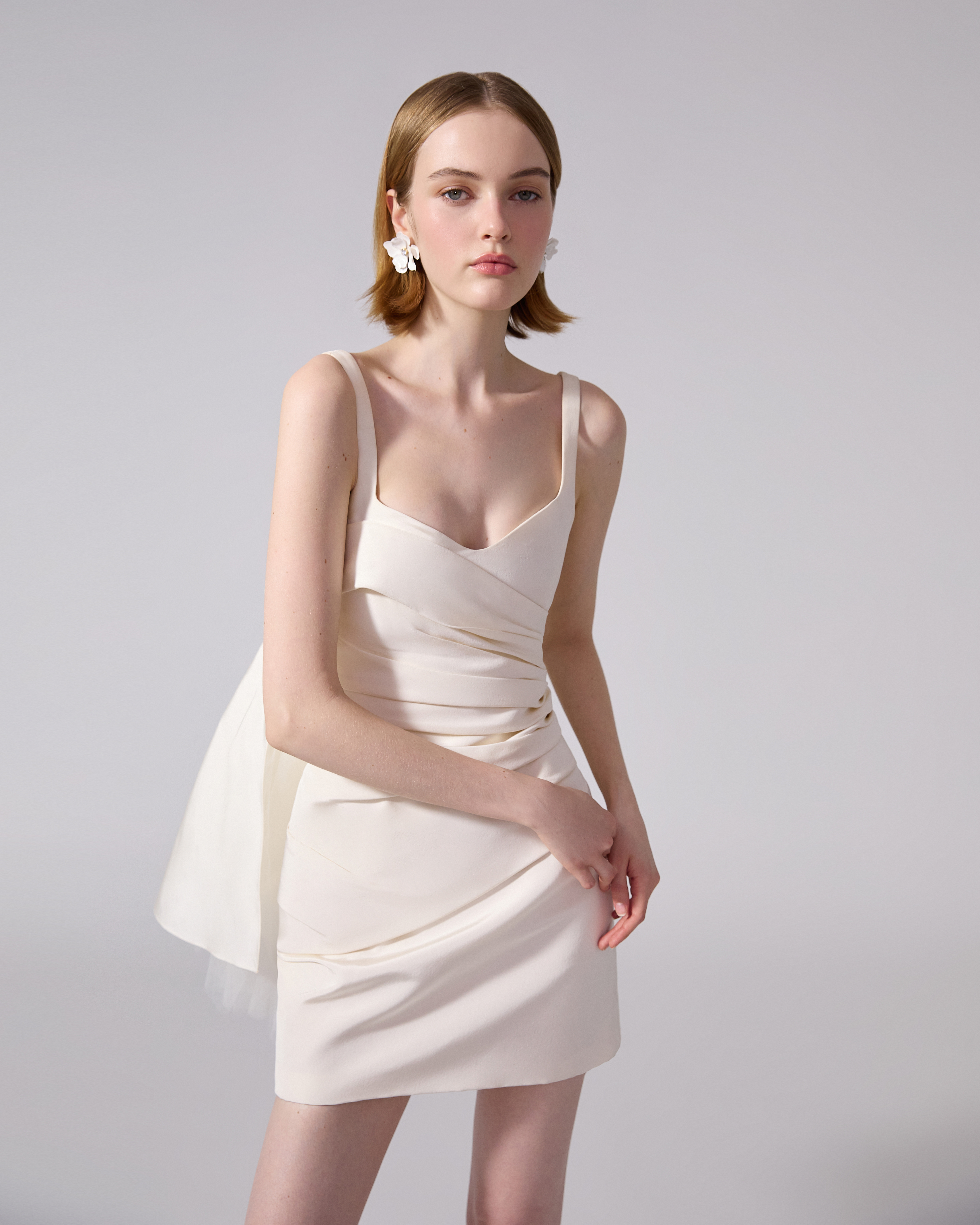 Wrap Bodice Mini Dress With Watteau - 4
