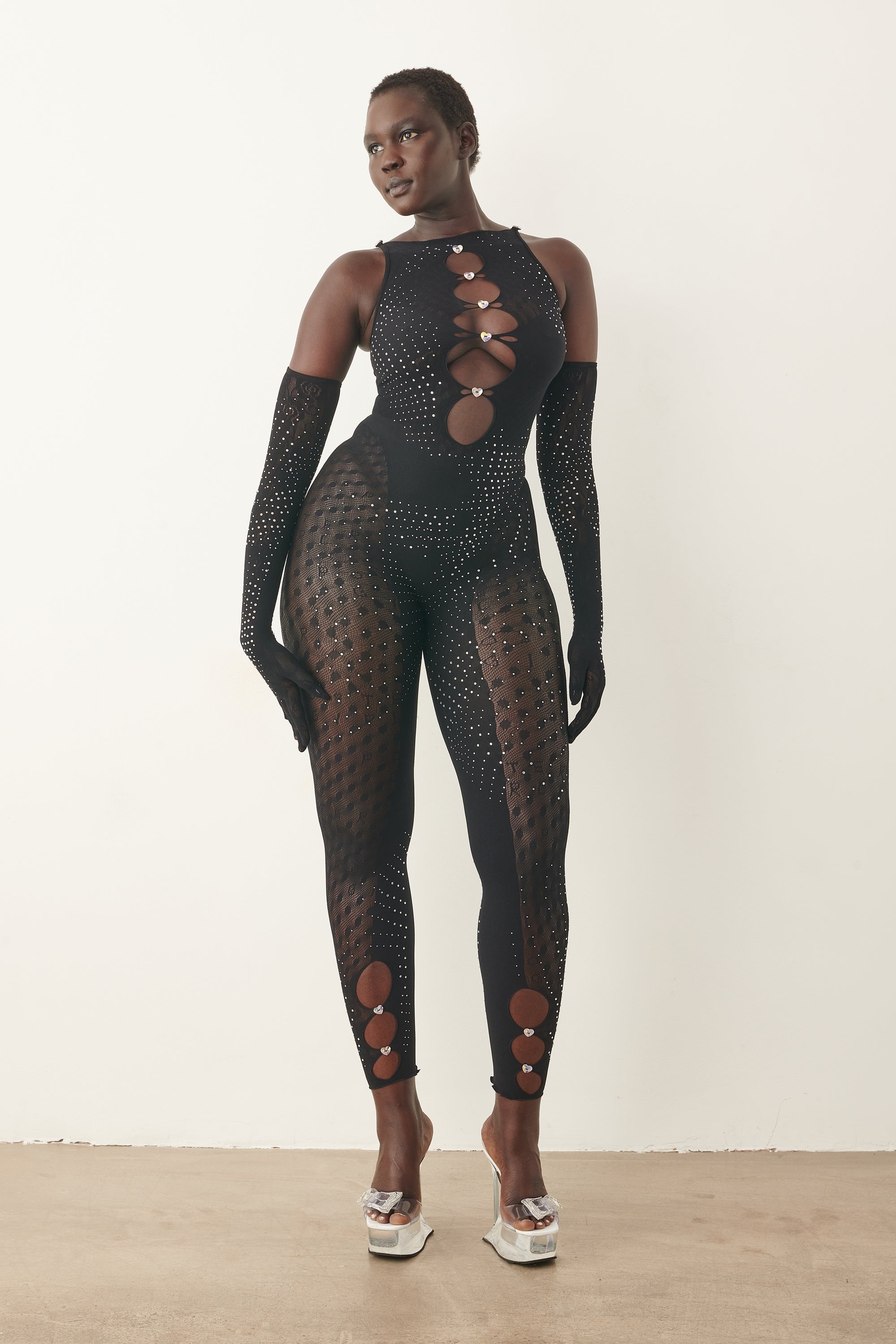 RHINESTONED JANICE JUMPSUIT X GLOVES SET JET BLACK - 7