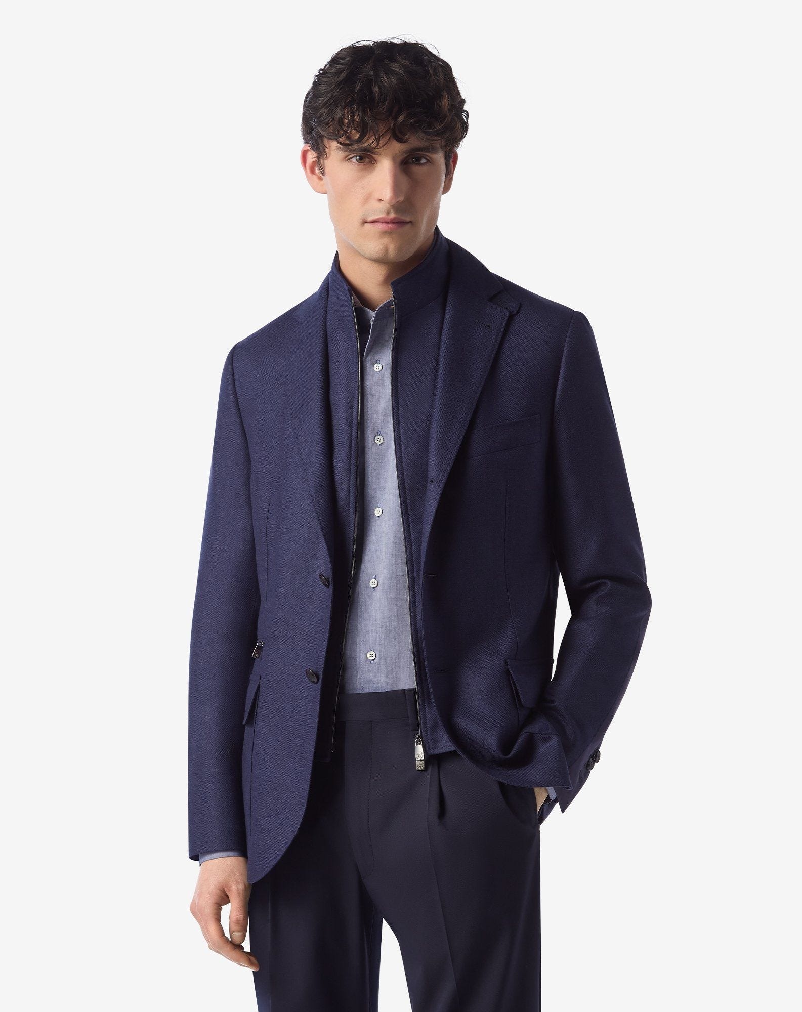 Royal blue silk and wool jacket with inner vest - 2
