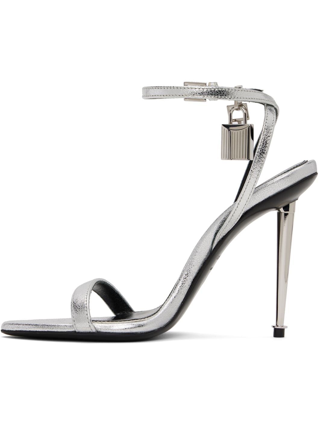 Silver Padlock Pointy Naked Heeled Sandals - 3