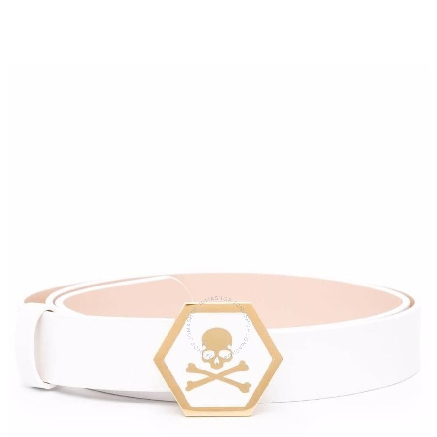 Philipp Plein White Leather Hexagon Skull Buckle Belt - 1