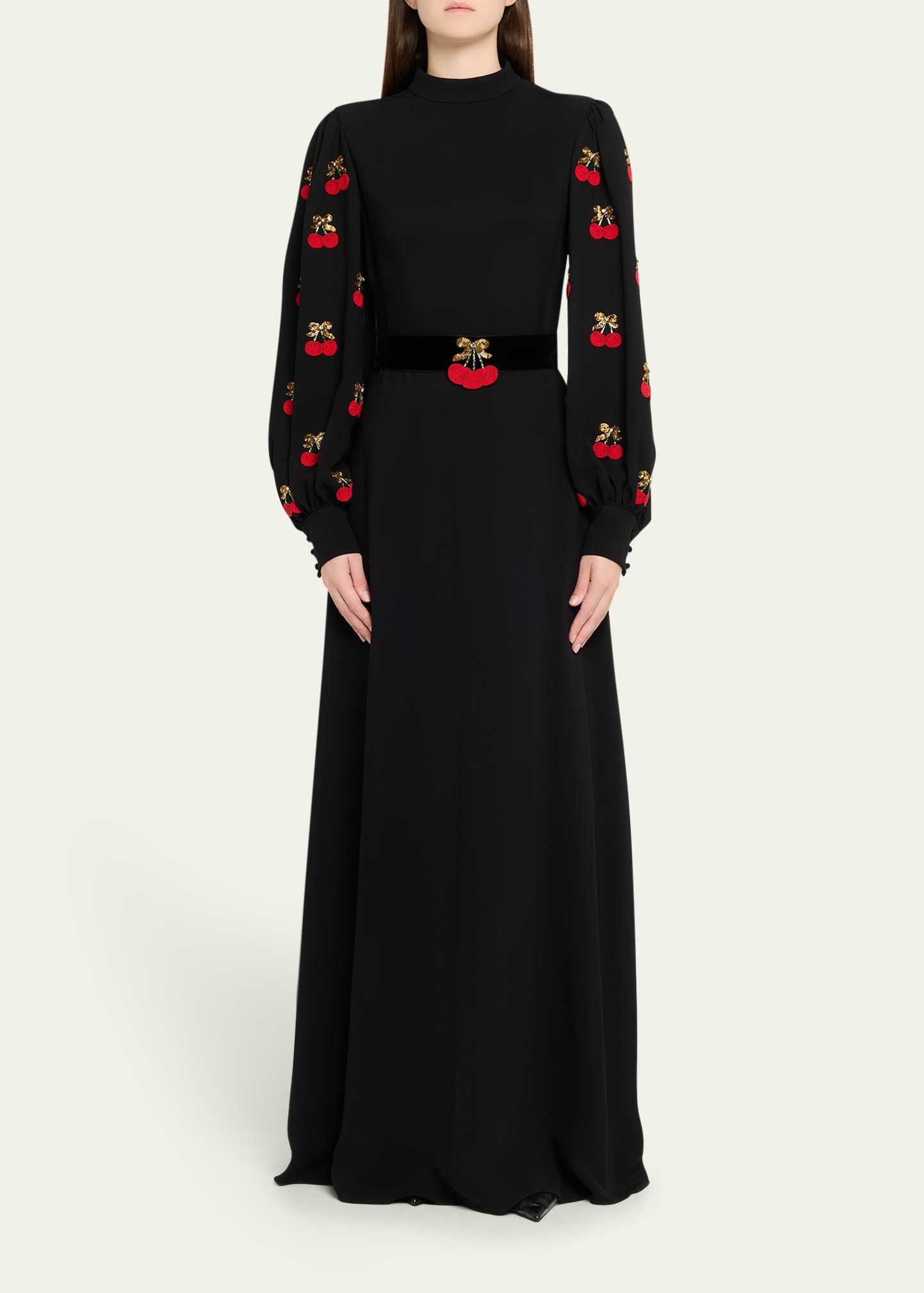 Cherry Embroidered Belted Puff-Sleeve Gown - 2
