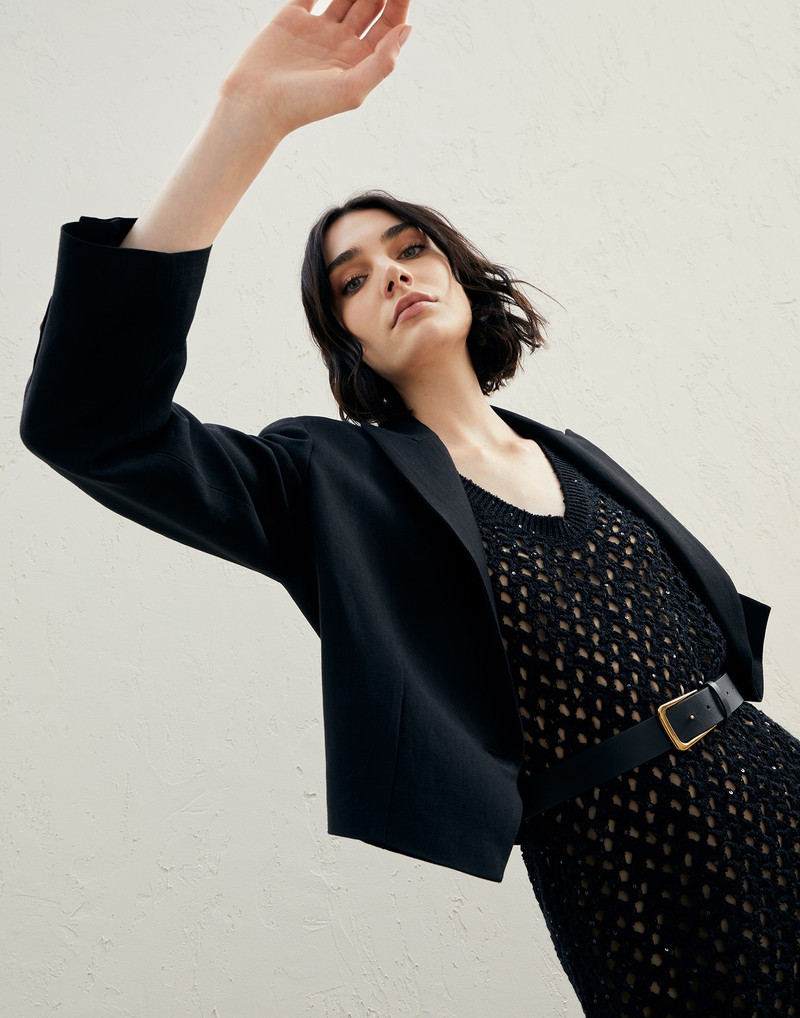 Viscose and linen fluid twill cropped blazer with monili 4