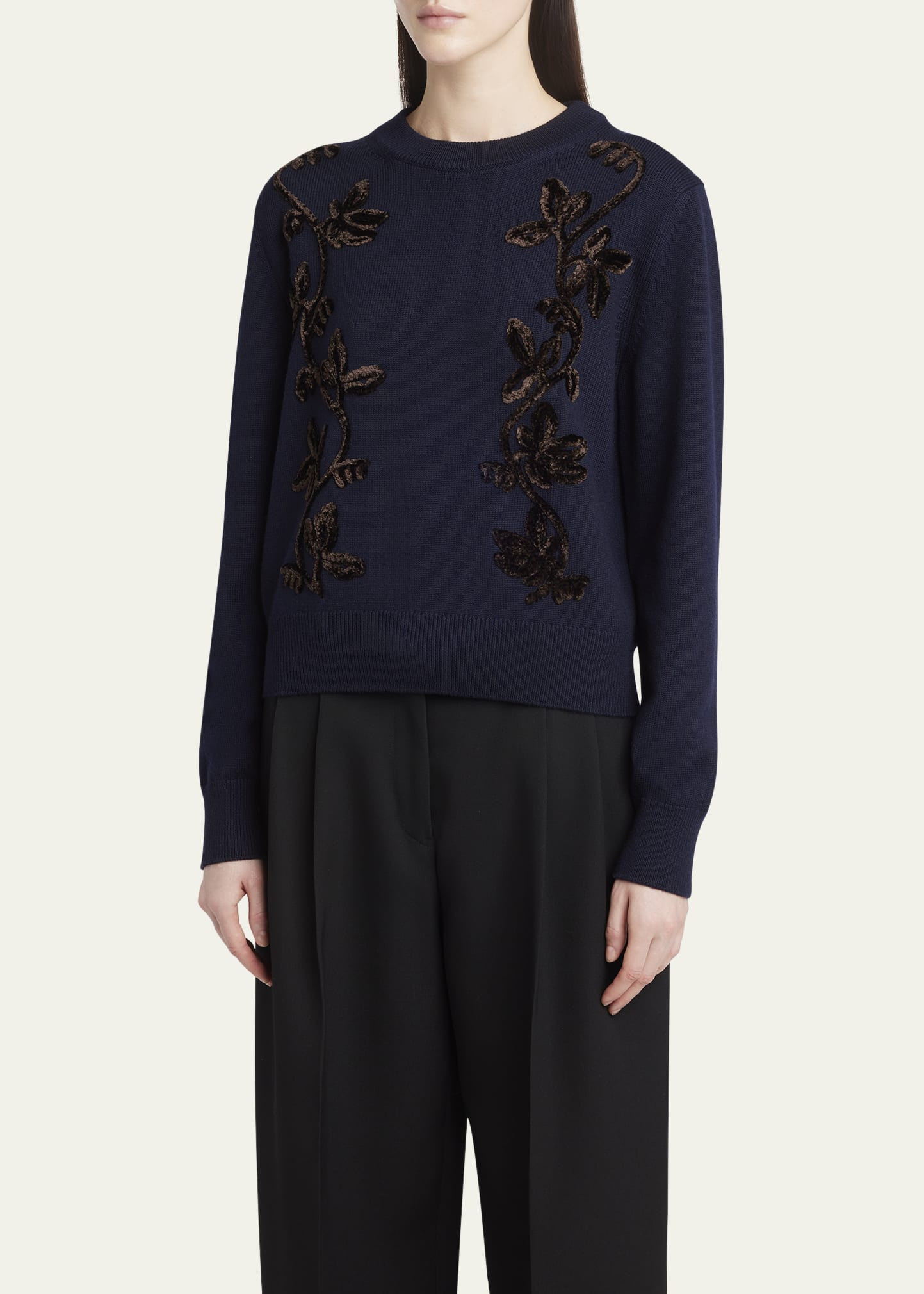 Velvet Floral Embroidered Merino Crewneck Sweater - 4