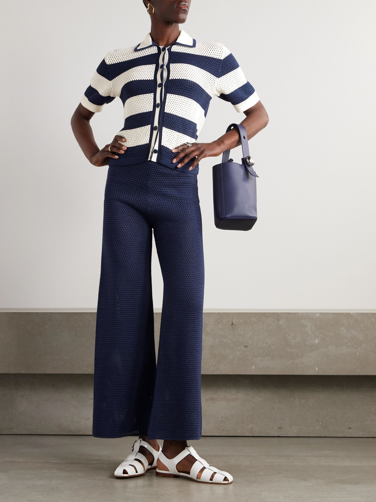 Bayadere Goeland open-knit cotton-blend wide-leg pants Navy - 2