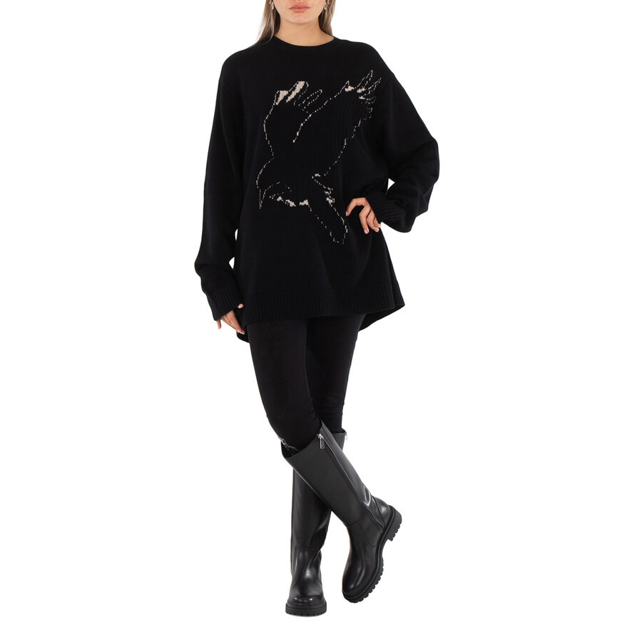 Ys Black Wool Crow Motif Long-Sleeved Pullover, Brand Size 2 (Medium) - 4