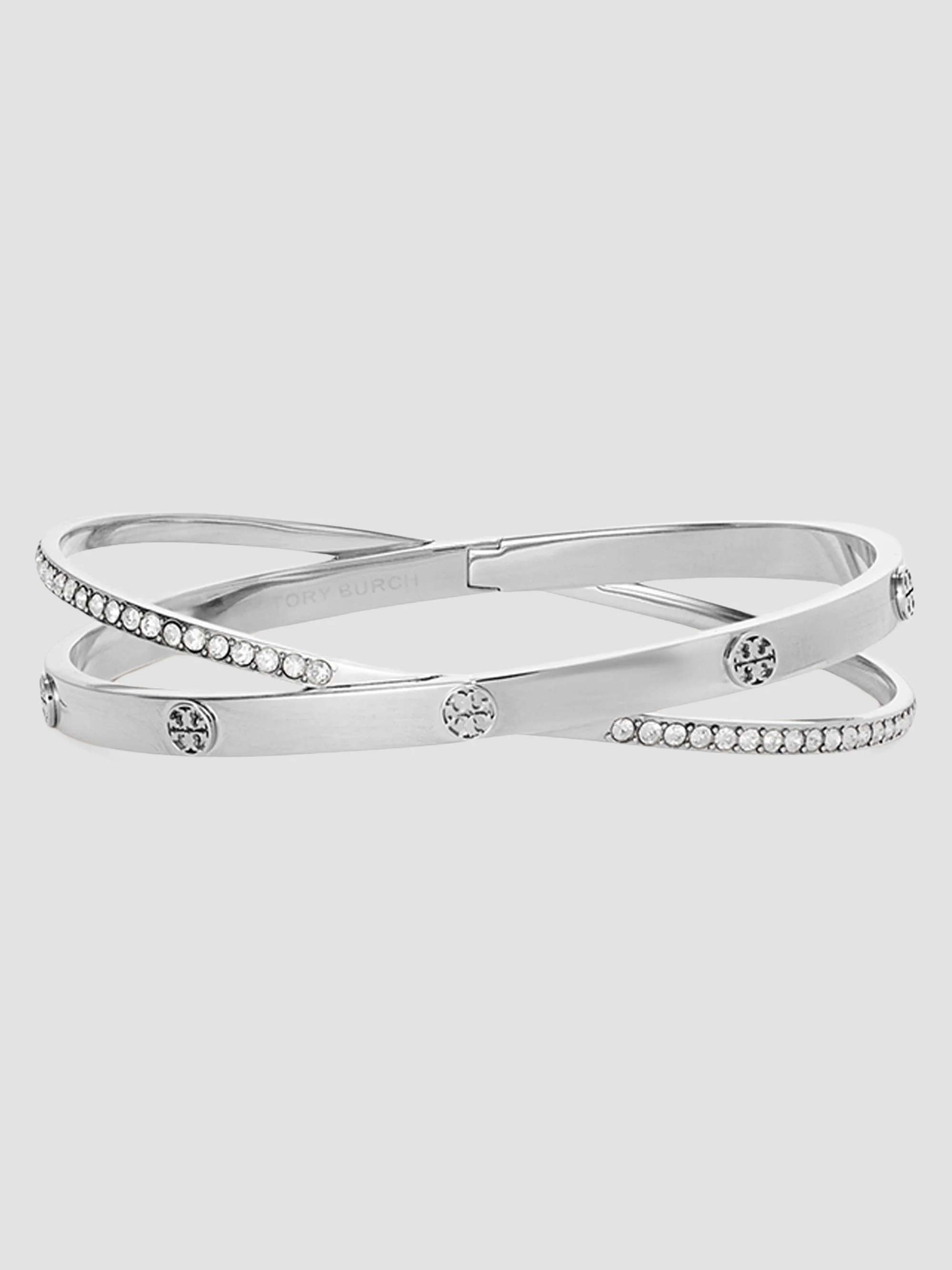 Women's Icon 18K-Gold-Plated & Cubic Zirconia Interlocking Logo Bangle - Tory Silver Crystal - 1