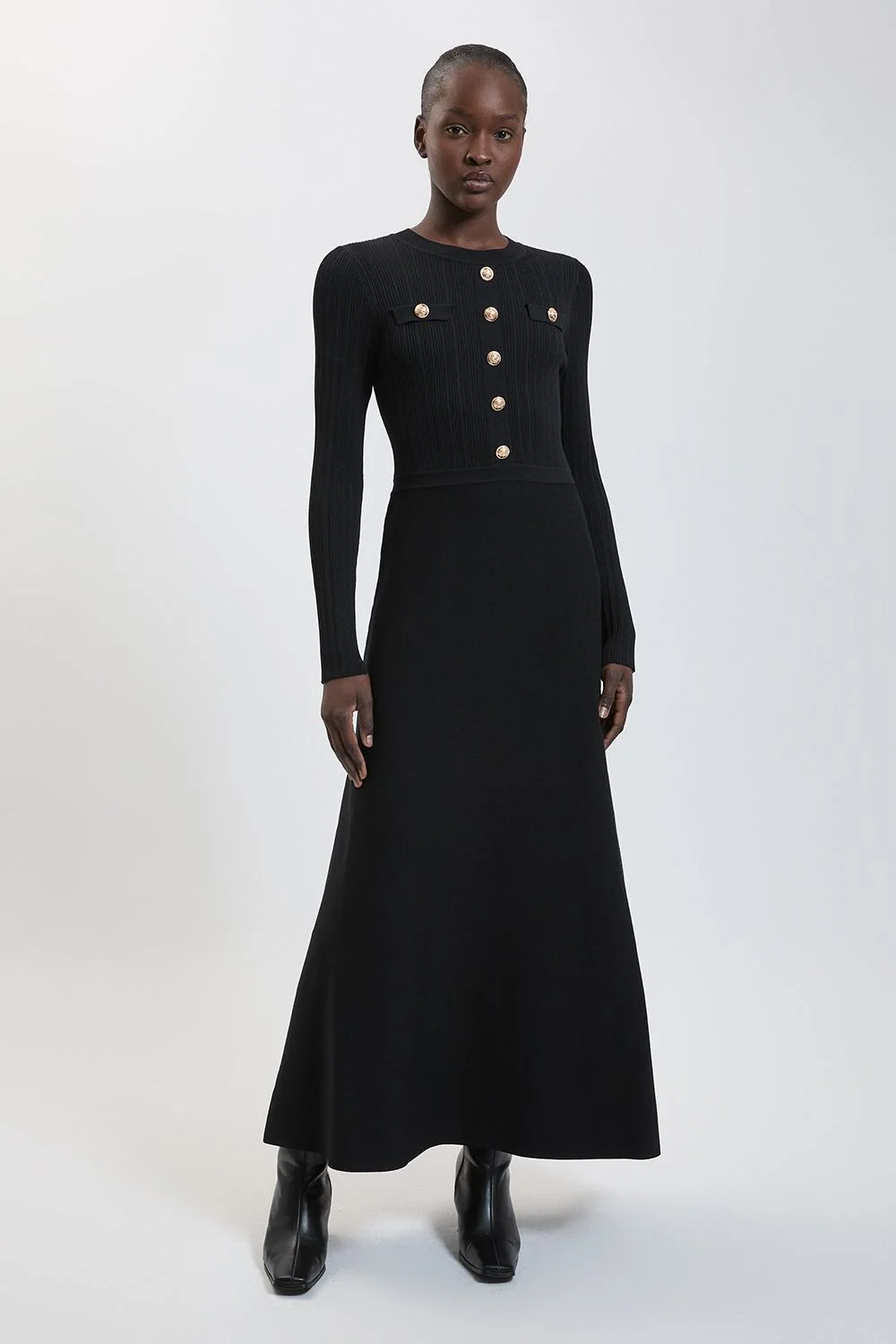 Rib Knit Military Trim Long Sleeve Maxi Dress - 1