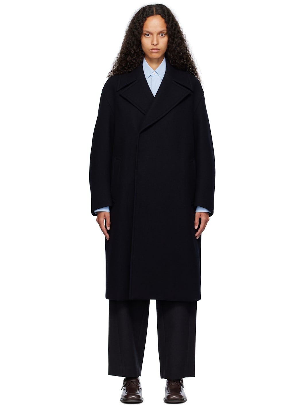 AURALEE Navy Sponge Wool Melton Double-Breasted Coat | REVERSIBLE