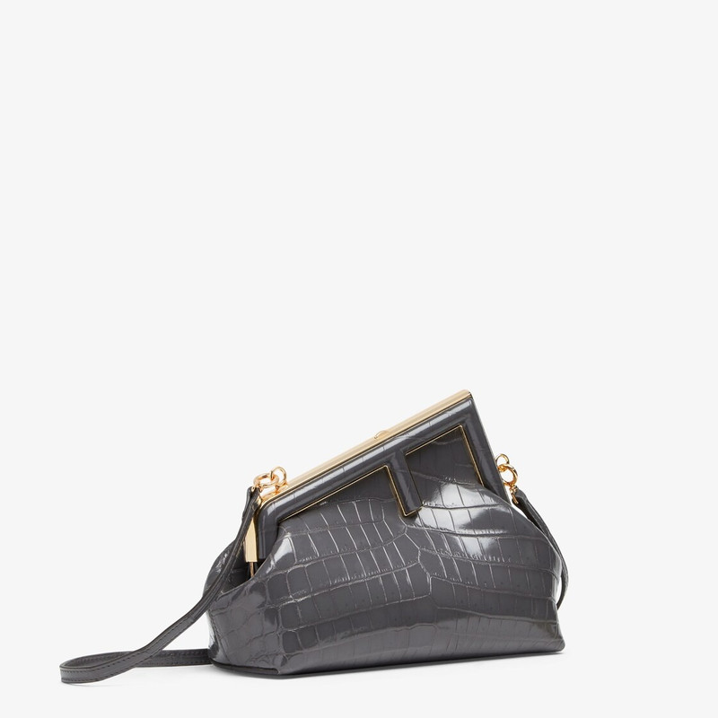 FENDI Small Fendi First bag made of exquisite, dark gray crocodile leather with oversized metal F clasp bo outlook