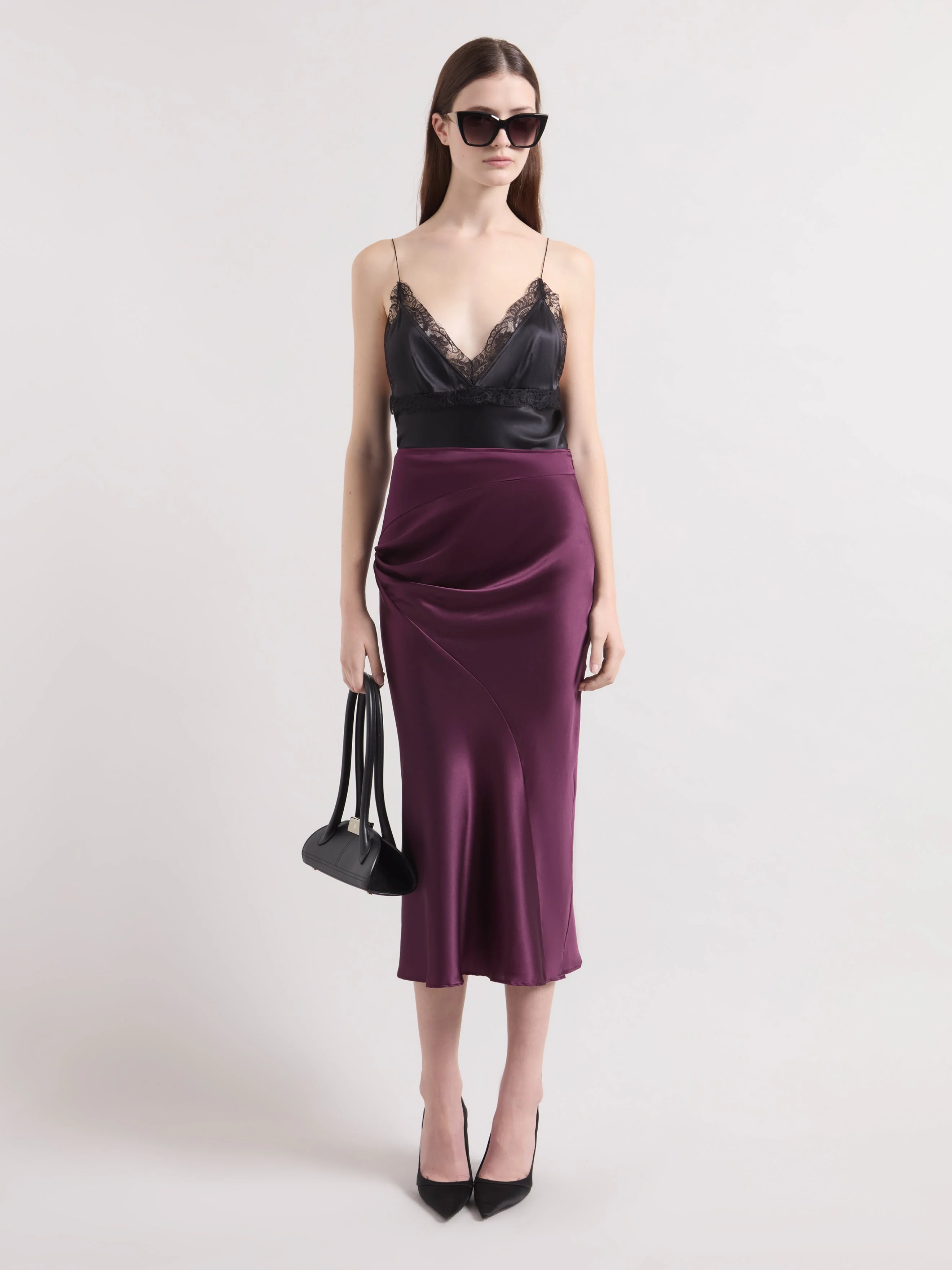 Burgundy Asymmetrical Satin Skirt - 1