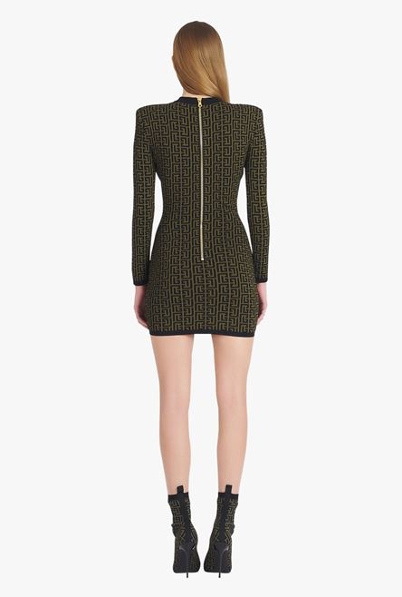 Short khaki and black wool dress with monogram print - 3