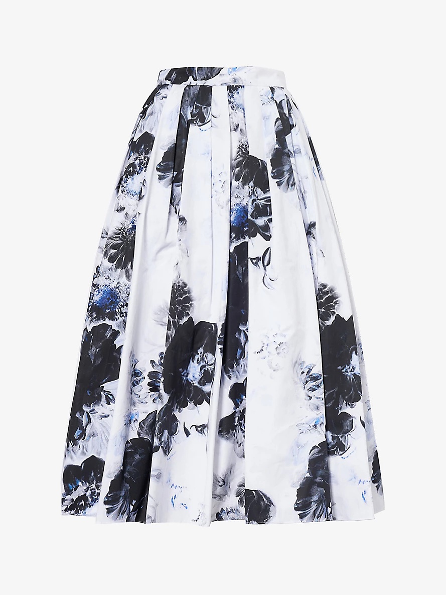 Floral-print pleated cotton midi skirt - 1