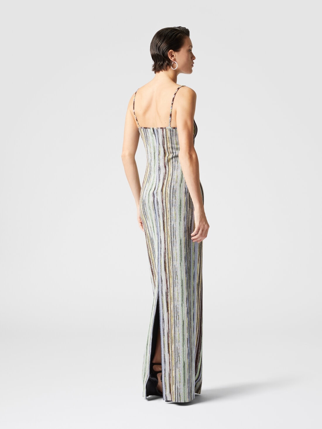 Long sleeveless dress in striped lamé slub viscose - 3