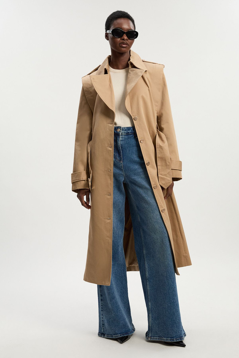 Strong Shoulder Belted Midi Trench Coat 1