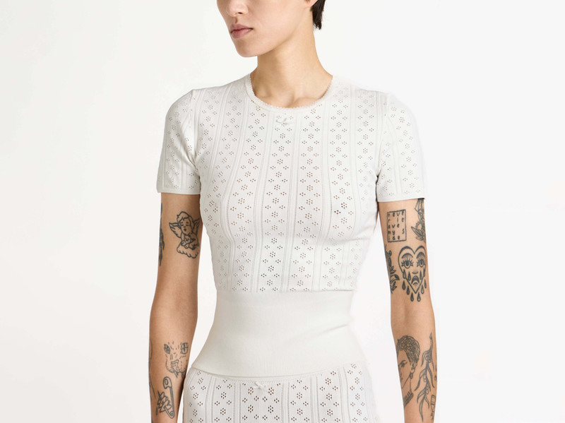 KNITTED POINTELLE T-SHIRT IN WHITE - 1