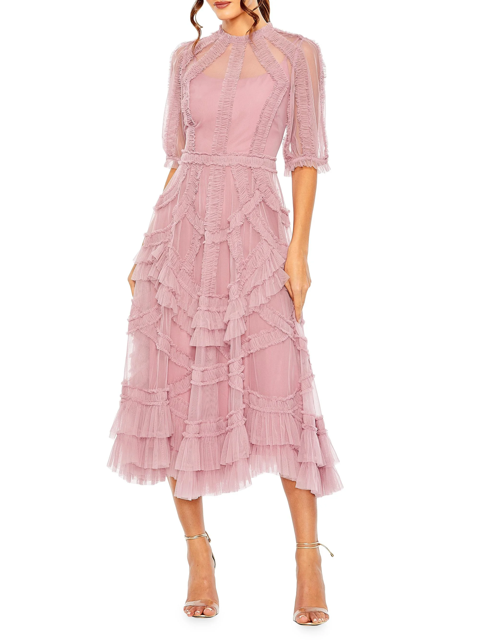 Women's High-Neck Gathered Tulle Midi-Dress - Antique Rose - 1