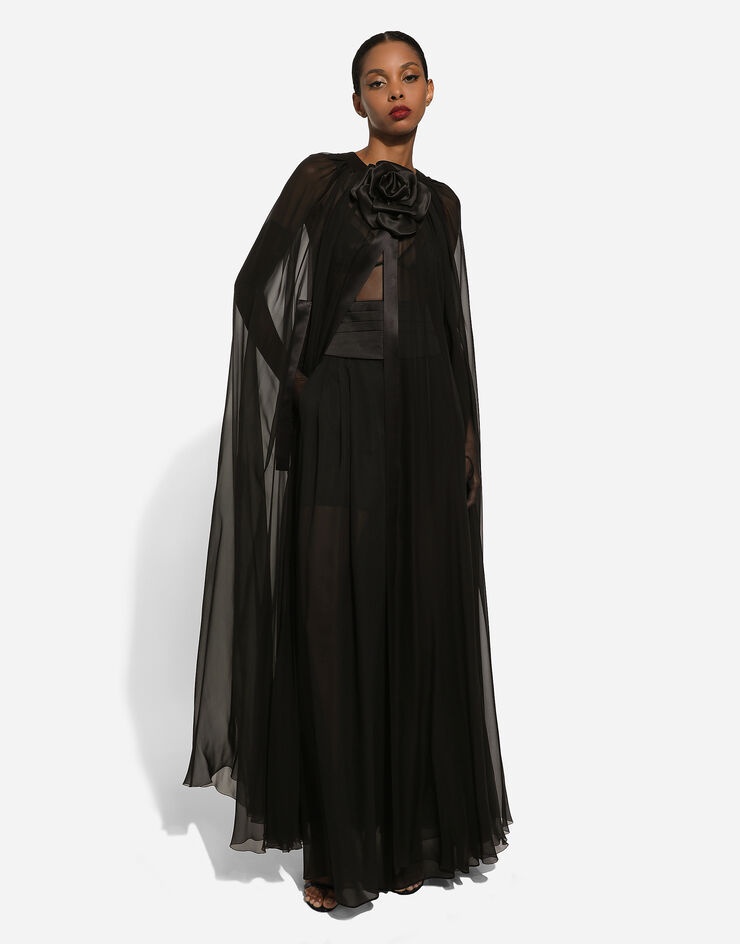 Silk chiffon cape with flower appliqué - 9