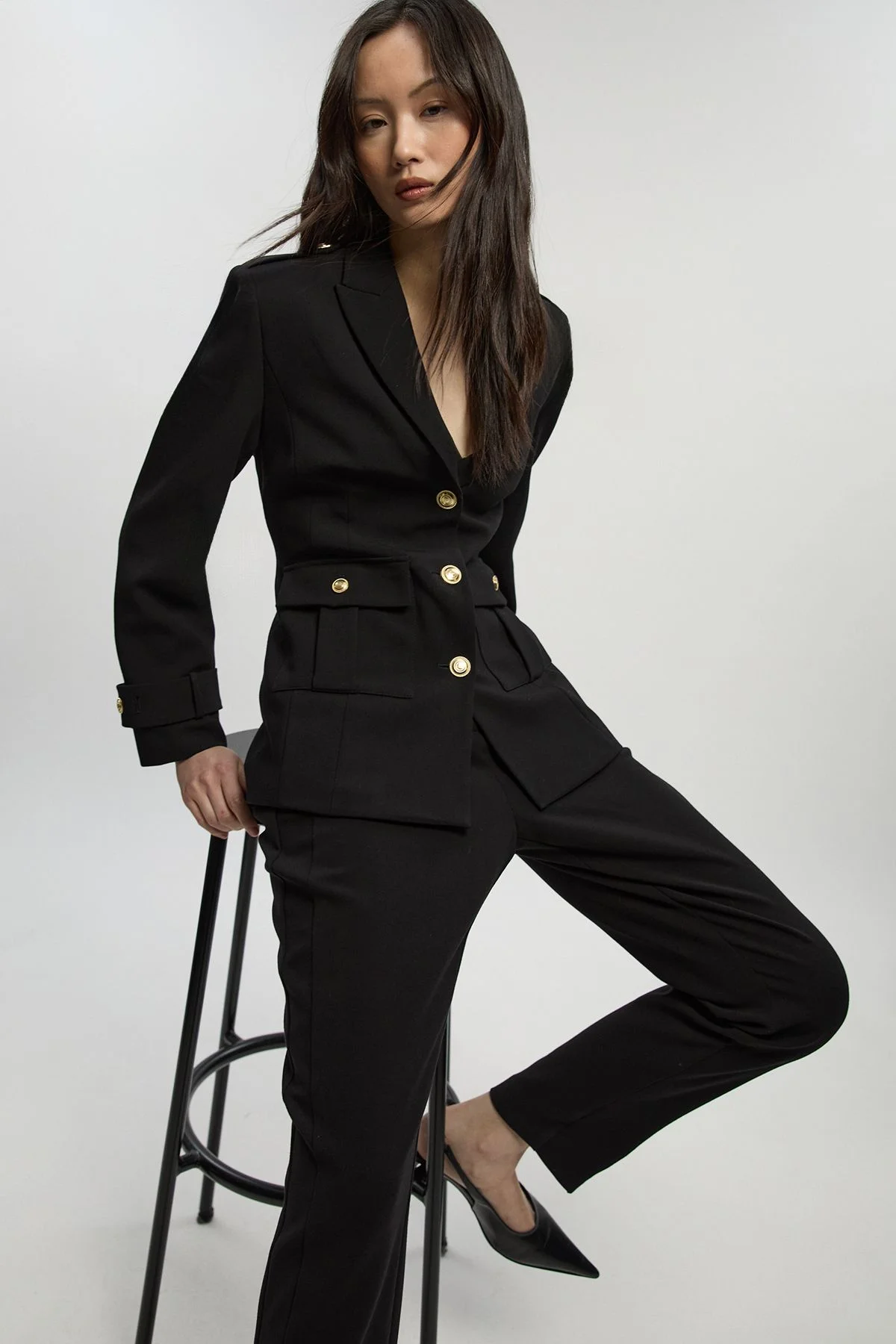 Petite Compact Stretch Tailored Military Single Breasted Blazer - 1