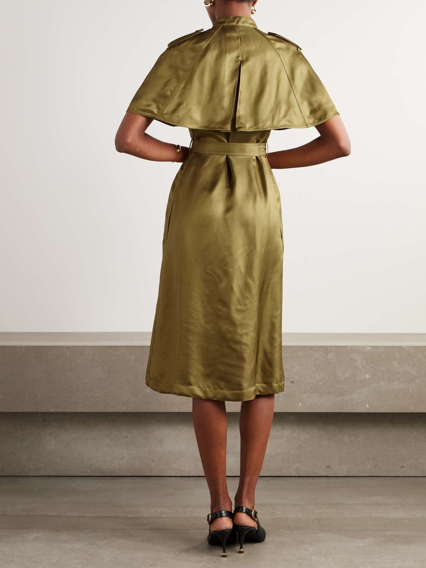 Layered belted satin-twill midi dress Green - 3