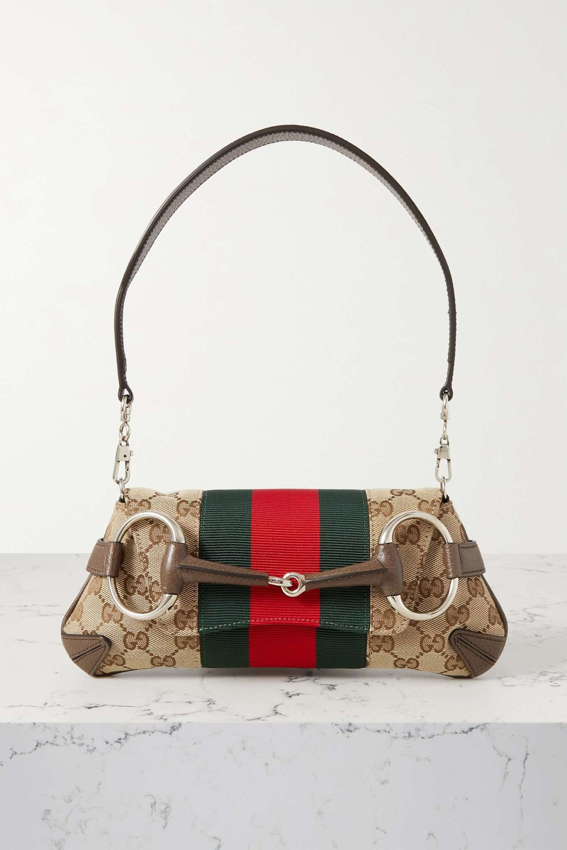 Horsebit embellished webbing-trimmed canvas-jacquard tote - 1