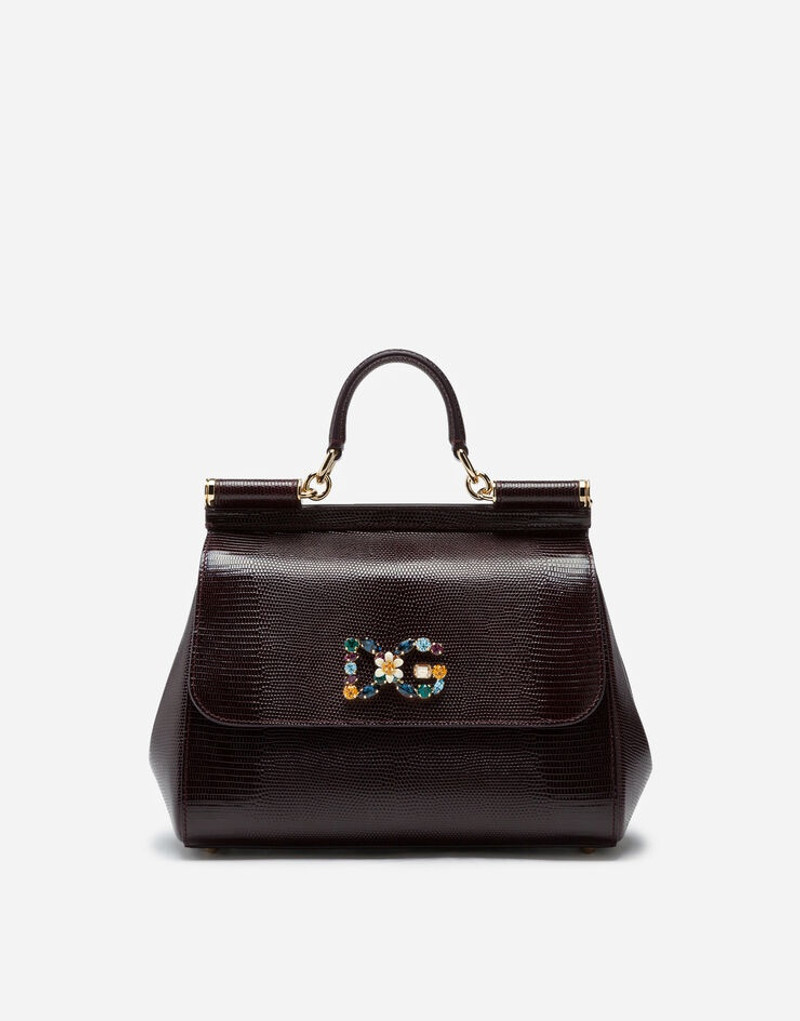 Medium iguana print calfskin Sicily bag with crystal DG logo patch 1