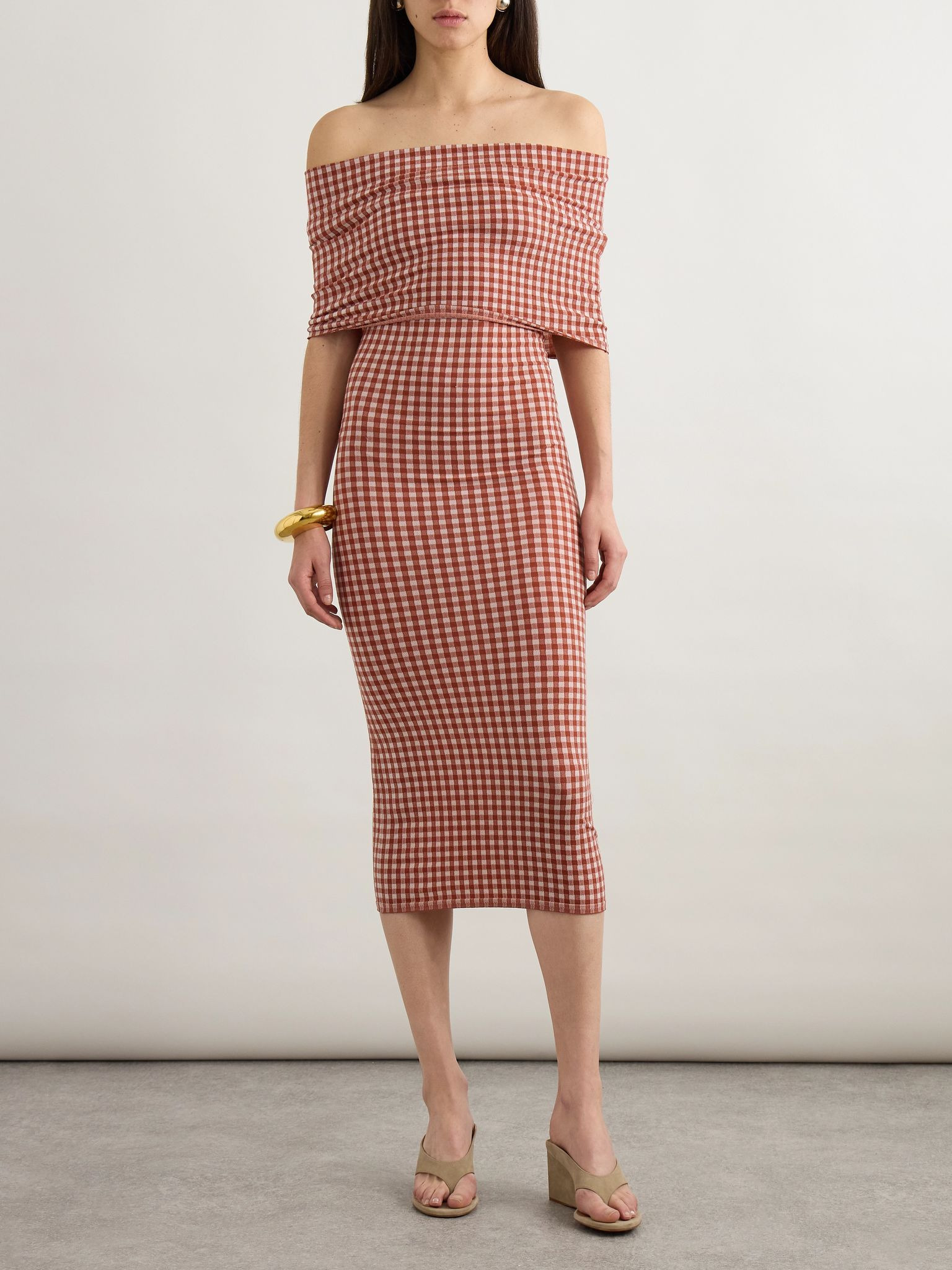 Off-the-shoulder checked stretch-knit midi dress Red - 2