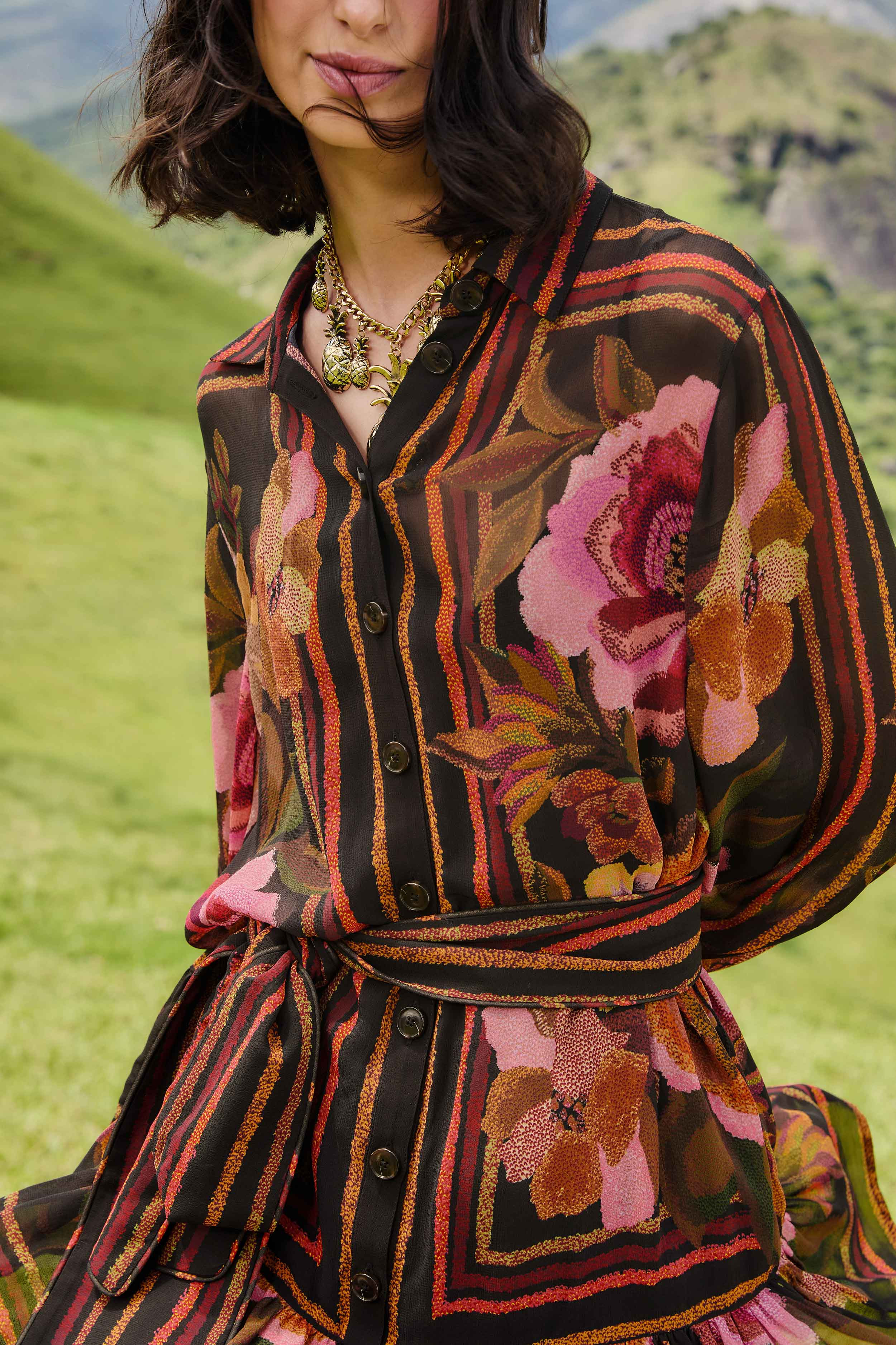 Black Chenille Flowers Belted Long Sleeve Mini Dress - 3